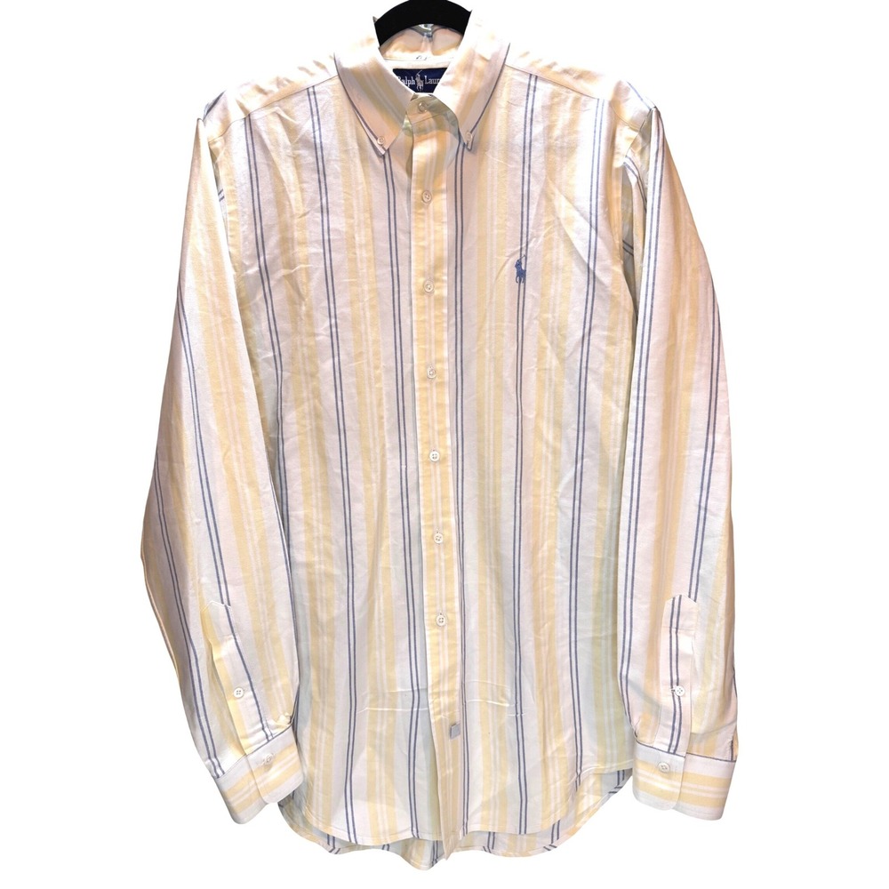 Ralph Lauren Button Down Men 15.5 Yellow Stripe Oxford Classic Preppy Summer